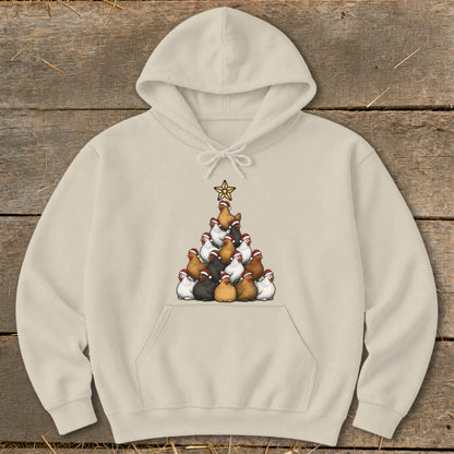 Cream hoodie with a Christmas tree made of chickens wearing Santa hats.