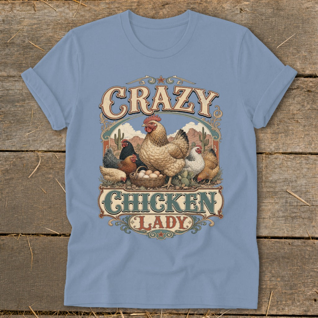 Cornices graphic with chickens and a basket of eggs; reads "CRAZY CHICKEN LADY".