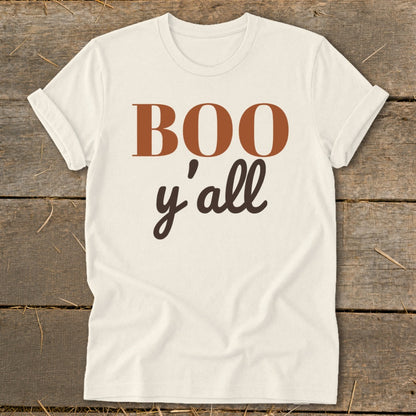 Cream t-shirt with "BOO y'all" text in brown and burnt orange.