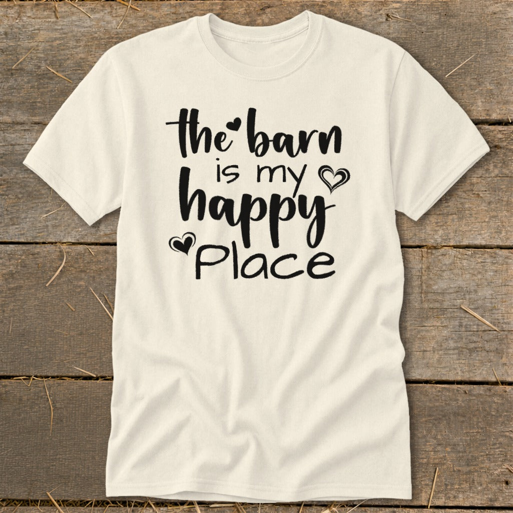 Cream t-shirt with black text "the barn is my happy place" and heart accents.