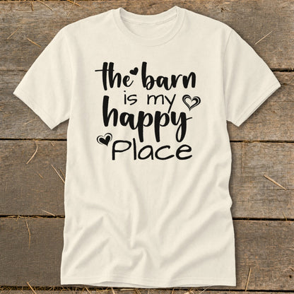 Cream t-shirt with black text "the barn is my happy place" and heart accents.