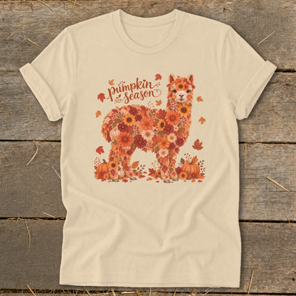 Cream t-shirt with an alpaca made of autumn flowers and pumpkins, saying "Pumpkin Season".