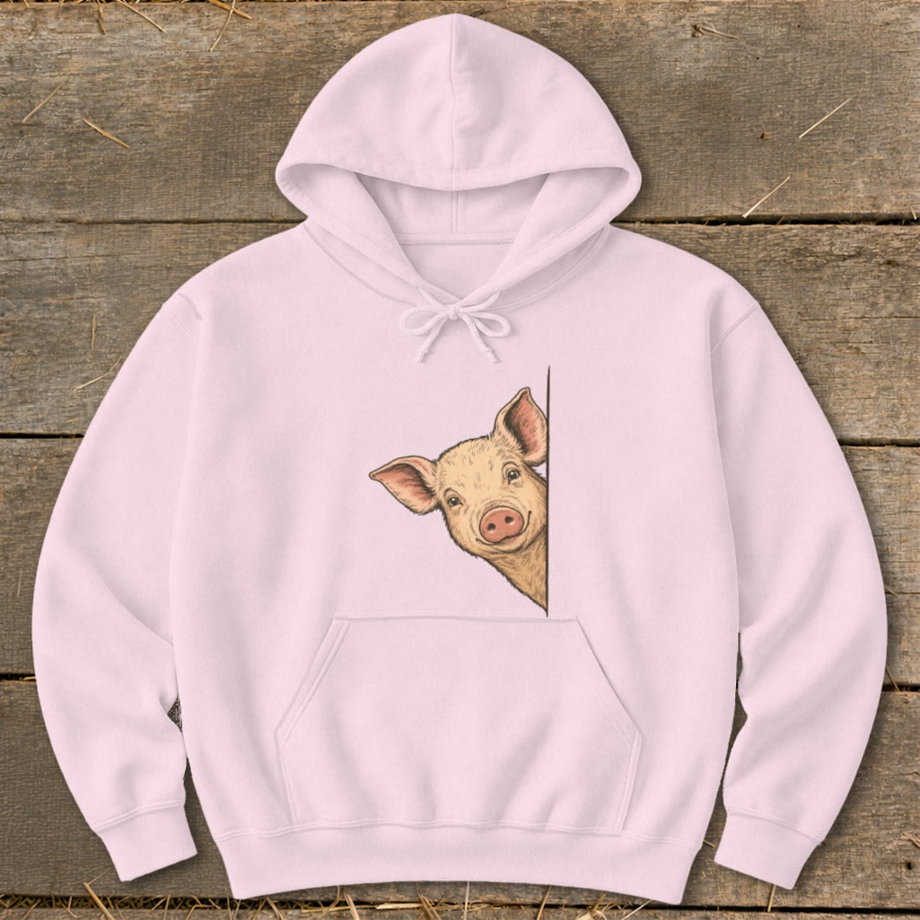 Light pink hoodie with a drawing of a pig peeking from the side.