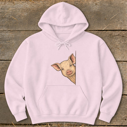 Light pink hoodie with a drawing of a pig peeking from the side.