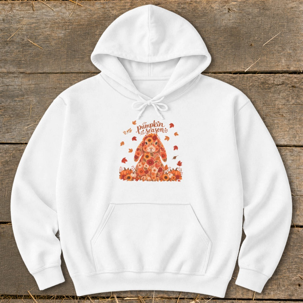 White hoodie with a floral rabbit and pumpkins with "Pumpkin Season" text.