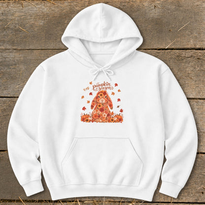 White hoodie with a floral rabbit and pumpkins with "Pumpkin Season" text.