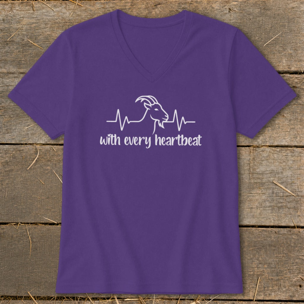 Purple v-neck t-shirt with white goat heartbeat graphic and text.