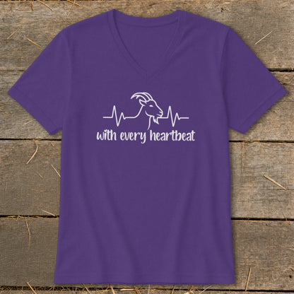 Purple v-neck t-shirt with white goat heartbeat graphic and text.