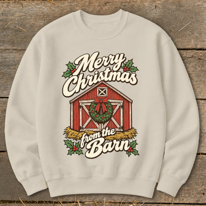 Cream sweatshirt with "Merry Christmas from the Barn" text and barn graphic.