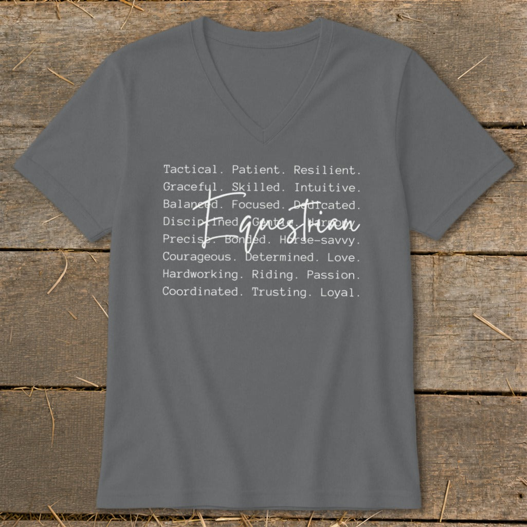 Grey v-neck t-shirt with "Equestrian" and descriptive words printed on it.