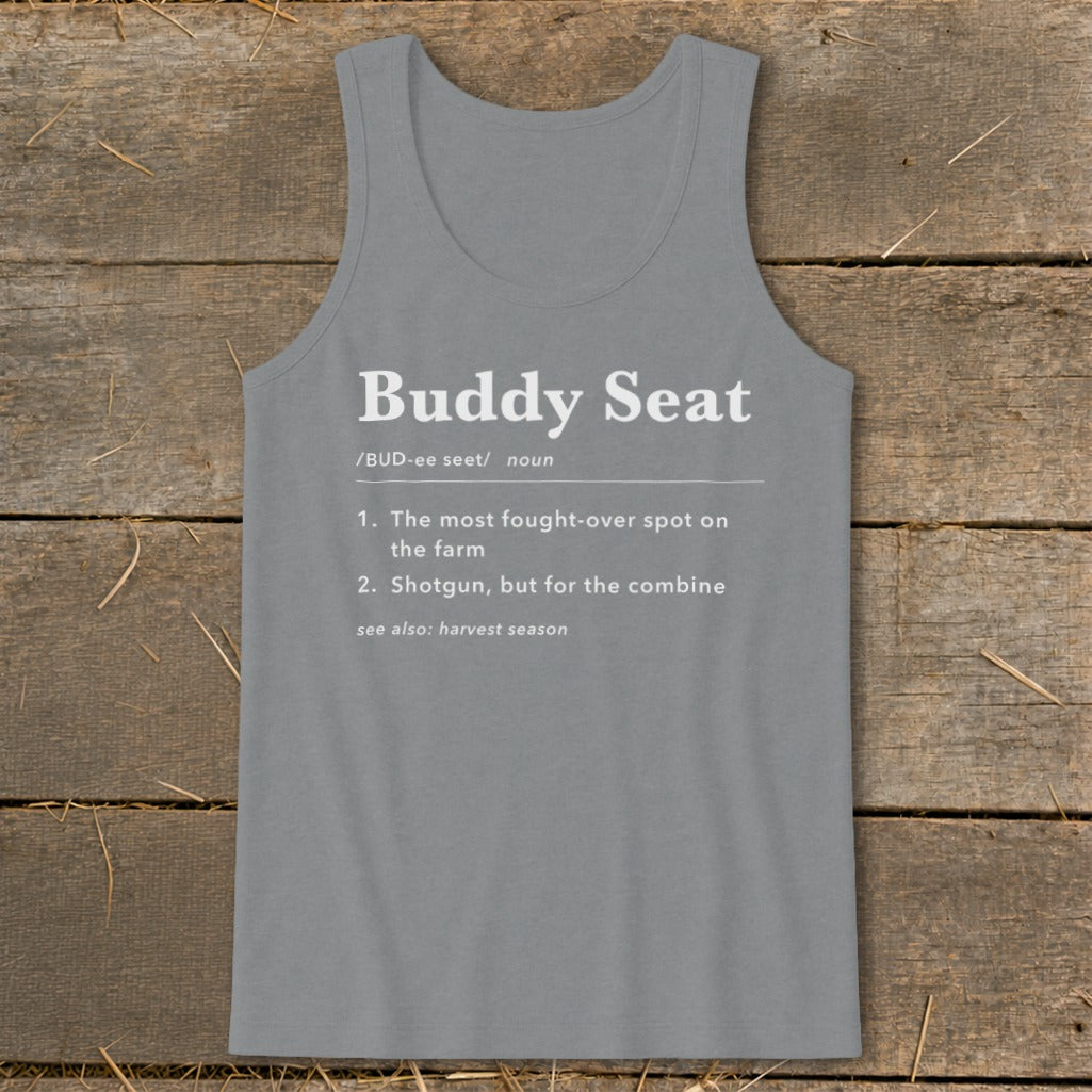 Gray tank top with "Buddy Seat" definition printed in white text.