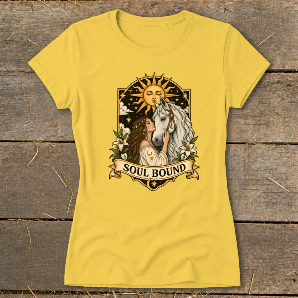 Yellow t-shirt with "Soul Bound" graphic of a woman with a horse under the sun.