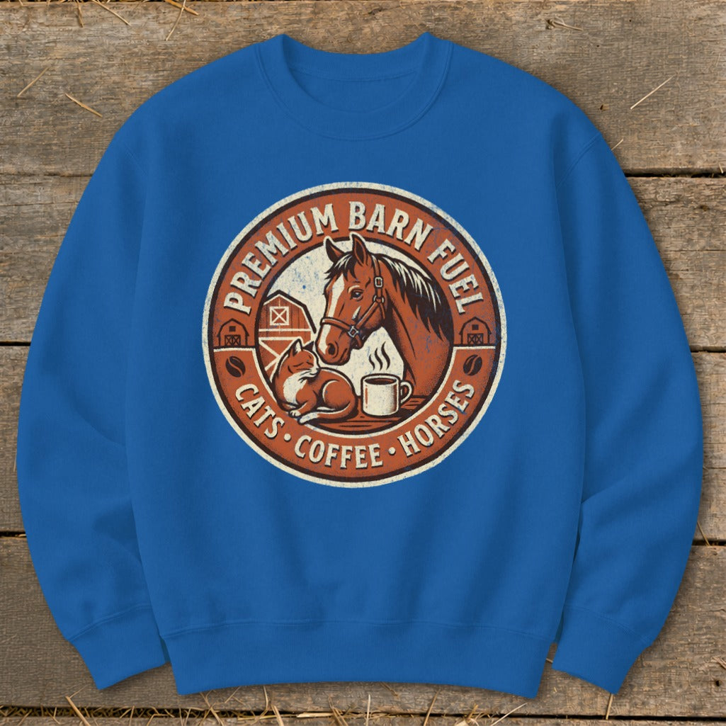 Round emblem with horse, cat, coffee cup, and text "Premium Barn Fuel Cats Coffee Horses."
