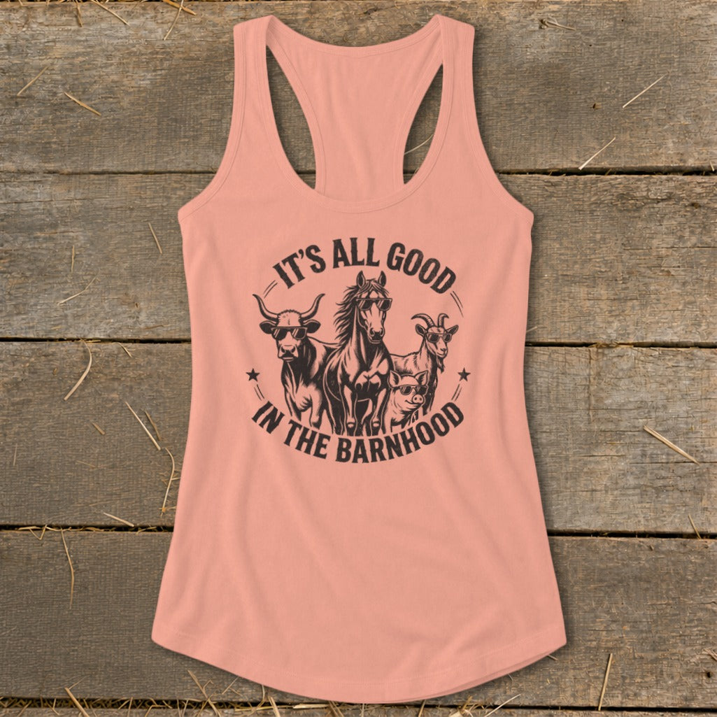 Pink tank top with a graphic of farm animals and text that reads "It's All Good In The Barnhood."