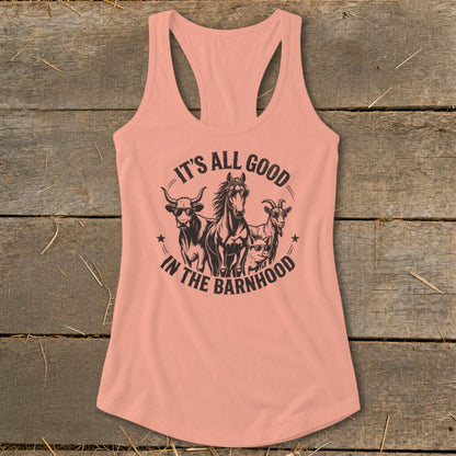 Pink tank top with a graphic of farm animals and text that reads "It's All Good In The Barnhood."