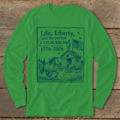 Green long sleeve shirt with blue graphic featuring horses, barn, American flag, and text.