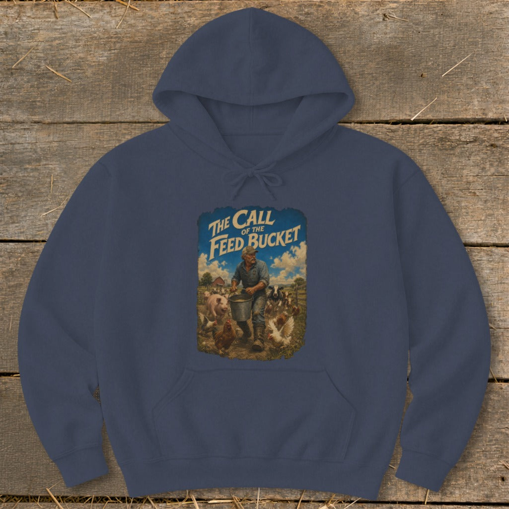 Navy hoodie with "The Call of the Feed Bucket" graphic showing farmer feeding farm animals.