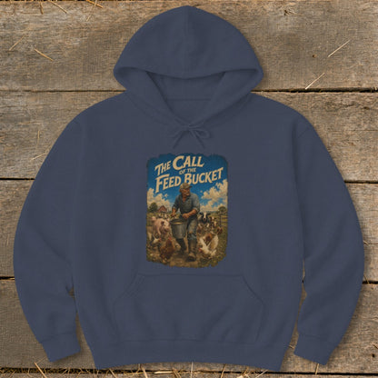 Navy hoodie with "The Call of the Feed Bucket" graphic showing farmer feeding farm animals.