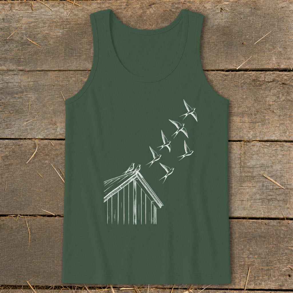 Dark green tank top featuring a white line drawing of birds flying from a small wooden shed.