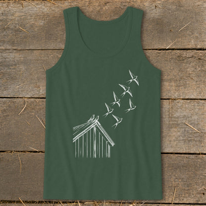 Dark green tank top featuring a white line drawing of birds flying from a small wooden shed.