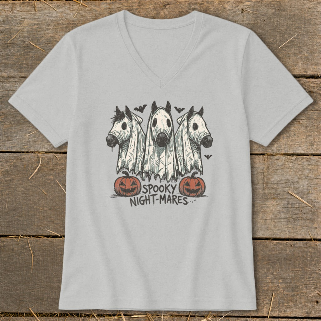 Three horses in ghost costumes with text "SPOOKY NIGHT-MARES" and pumpkins.