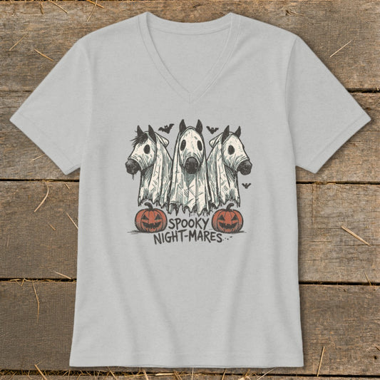 Three horses in ghost costumes with text "SPOOKY NIGHT-MARES" and pumpkins.