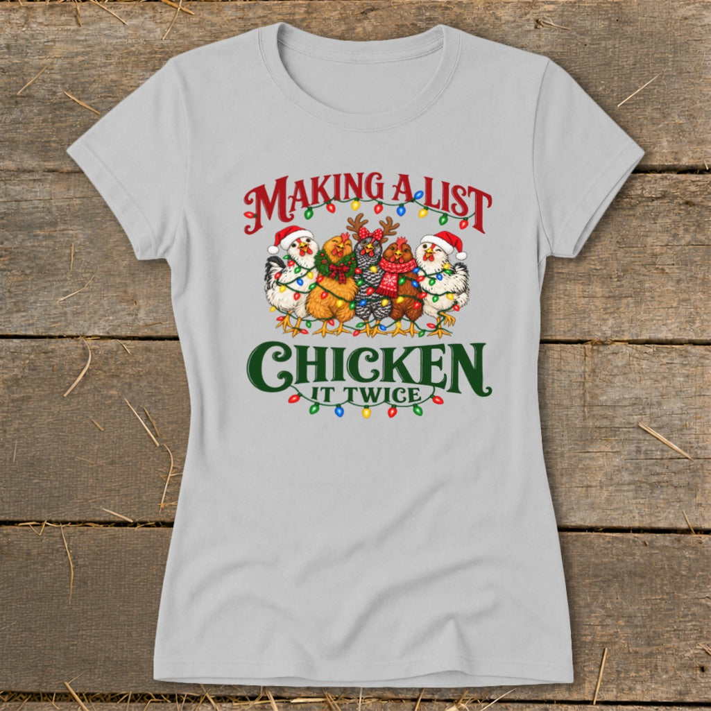 Christmas chickens in Santa hats and scarves with lights, reading "Making a list and checking it twice".