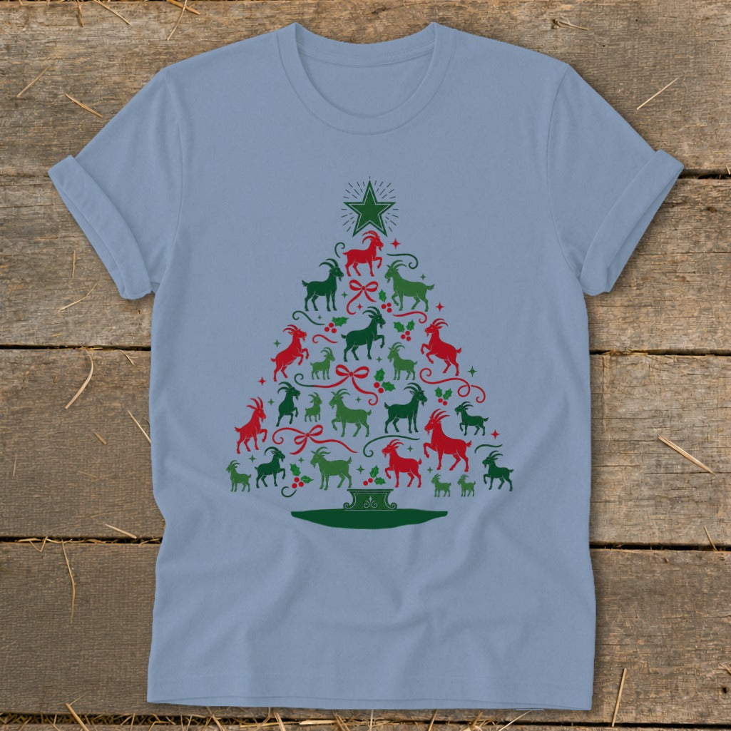 Light blue t-shirt with a Christmas tree graphic made of red and green goats.