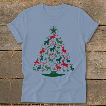 Light blue t-shirt with a Christmas tree graphic made of red and green goats.