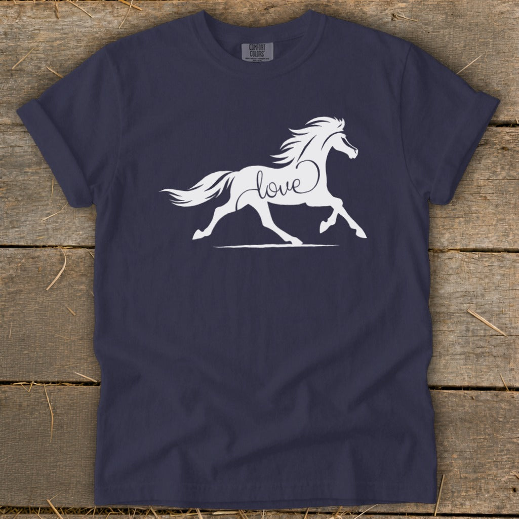 Navy t-shirt with white horse graphic and the word "love" in script.