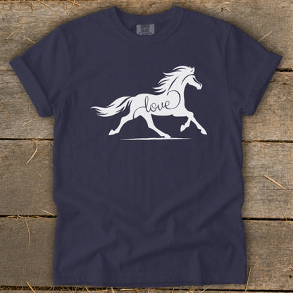 Navy t-shirt with white horse graphic and the word "love" in script.