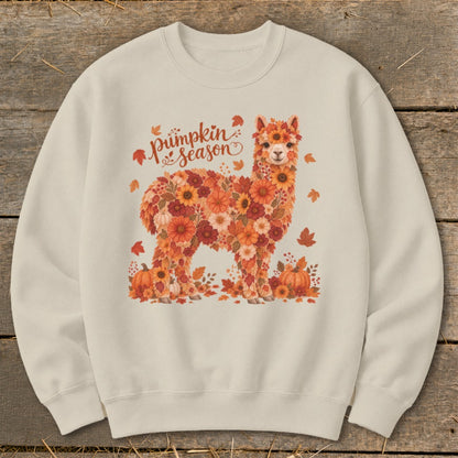 Alpaca made of autumn flowers and leaves with "Pumpkin Season" text.