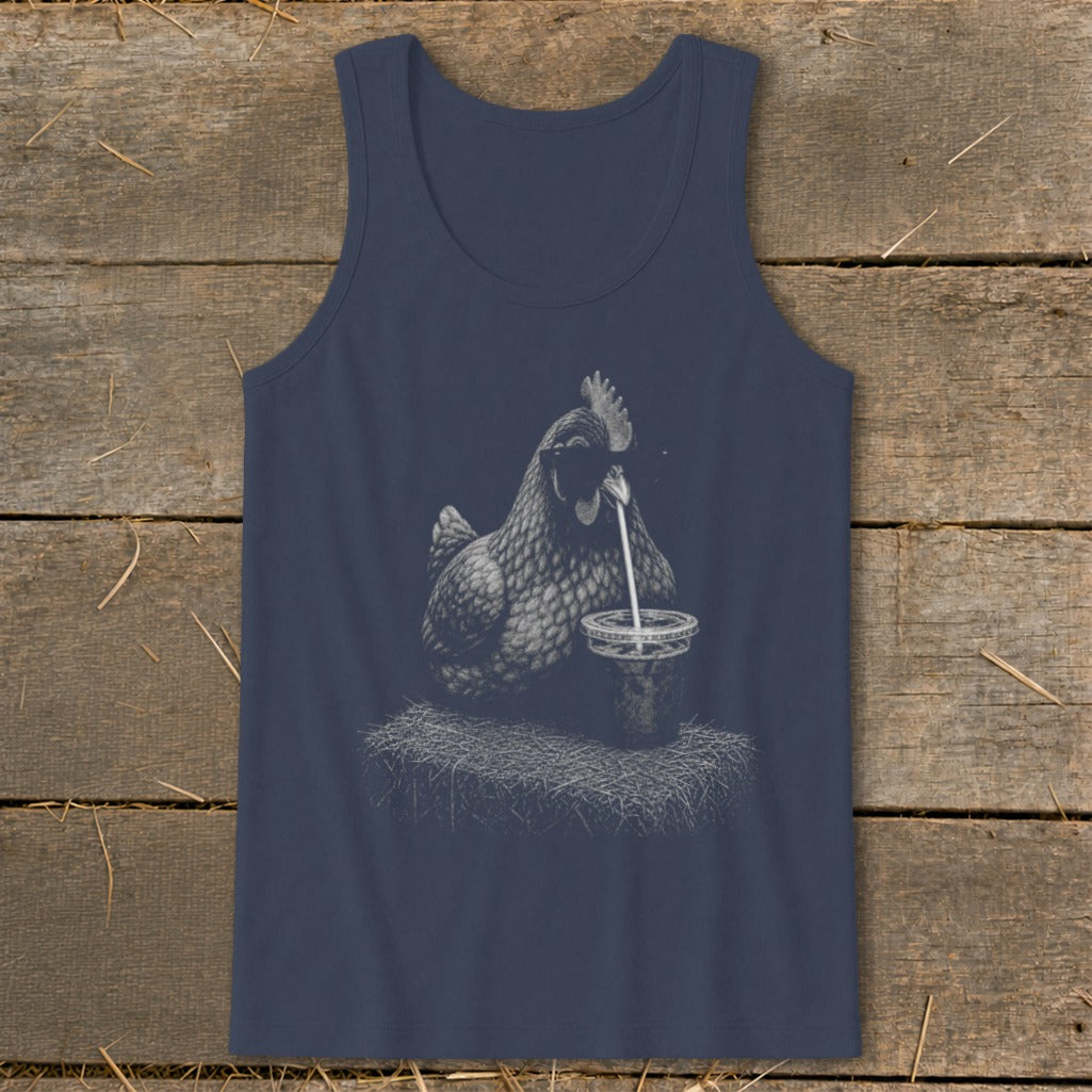 Chicken drinking from a cup with a straw on a dark blue tank top.