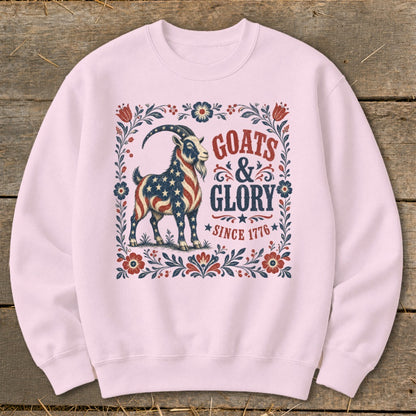 Goats & Glory Since 1776 design on a pink crewneck sweatshirt.