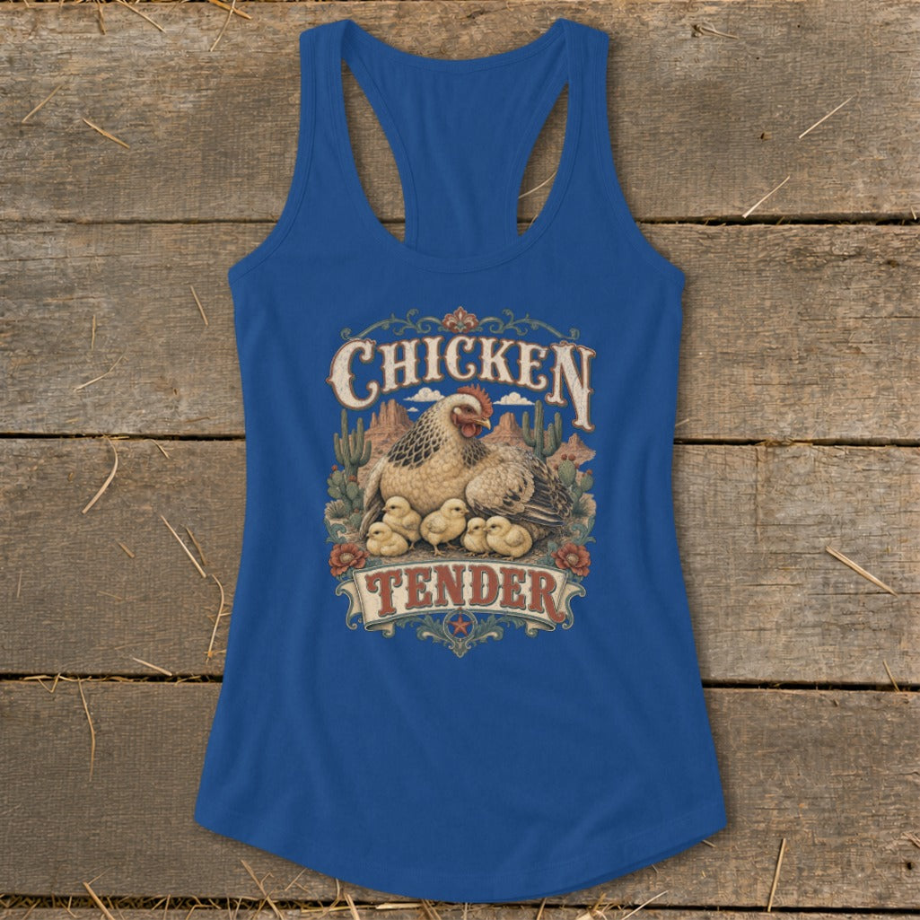 Blue tank top with "Chicken Tender" text and hen with chicks graphic.