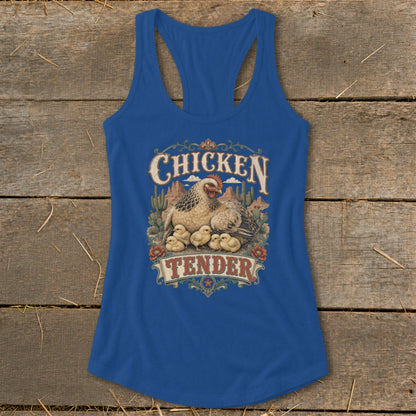 Blue tank top with "Chicken Tender" text and hen with chicks graphic.