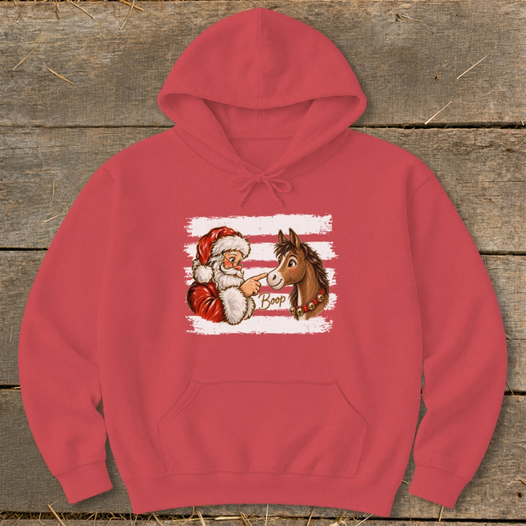 Santa booping a horse with "Boop" text on a red hoodie.