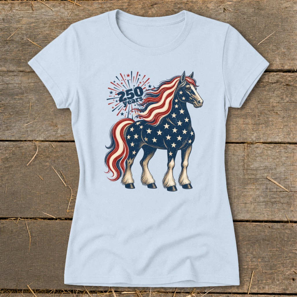 Patriotic horse with stars and stripes mane, "250 years" text.