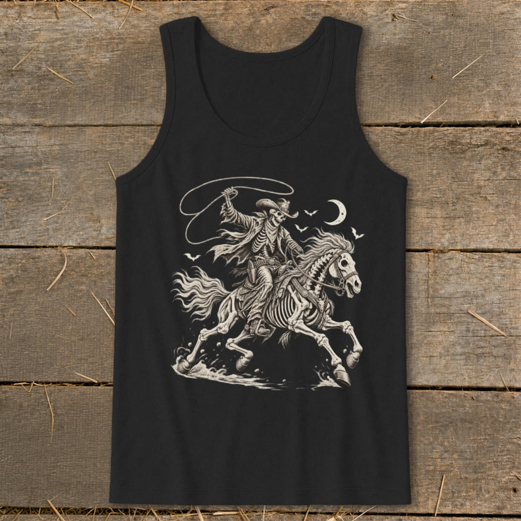 Black tank top featuring a skeleton cowboy on a galloping horse with a lasso and moon.
