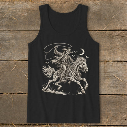 Black tank top featuring a skeleton cowboy on a galloping horse with a lasso and moon.