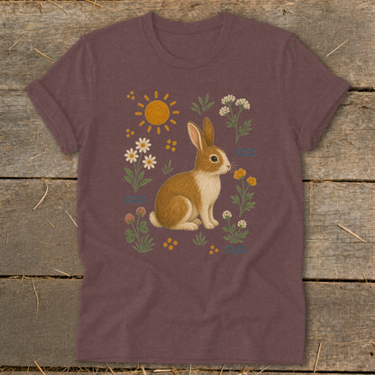 Brown rabbit sitting amongst wildflowers with sun and blue wavy lines.