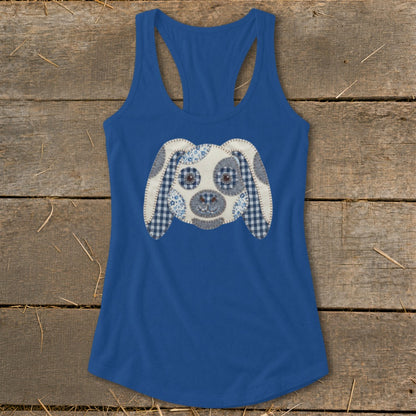 Blue tank top with a patchwork dog face graphic on the front.