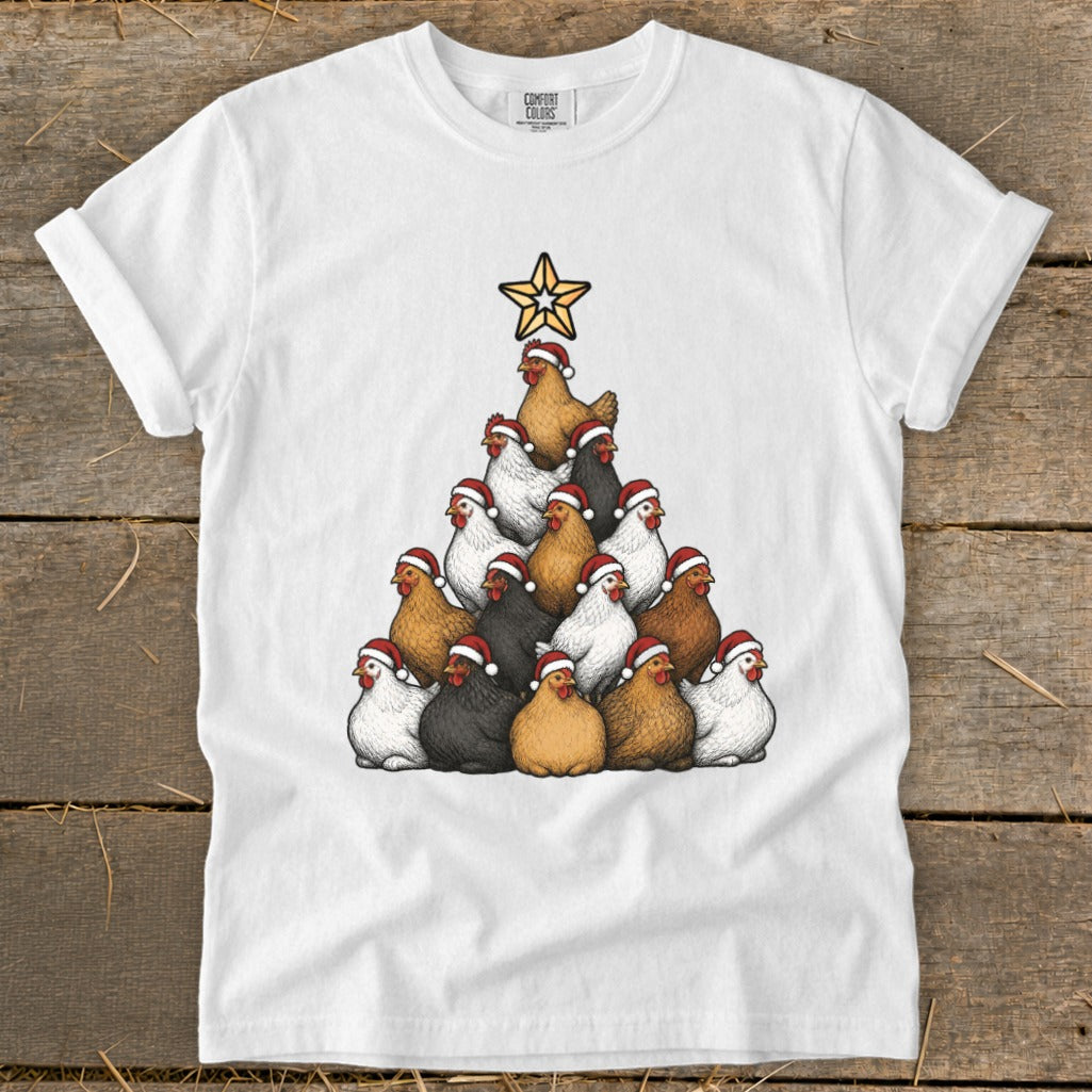 White t-shirt featuring a Christmas tree made of chickens wearing Santa hats.