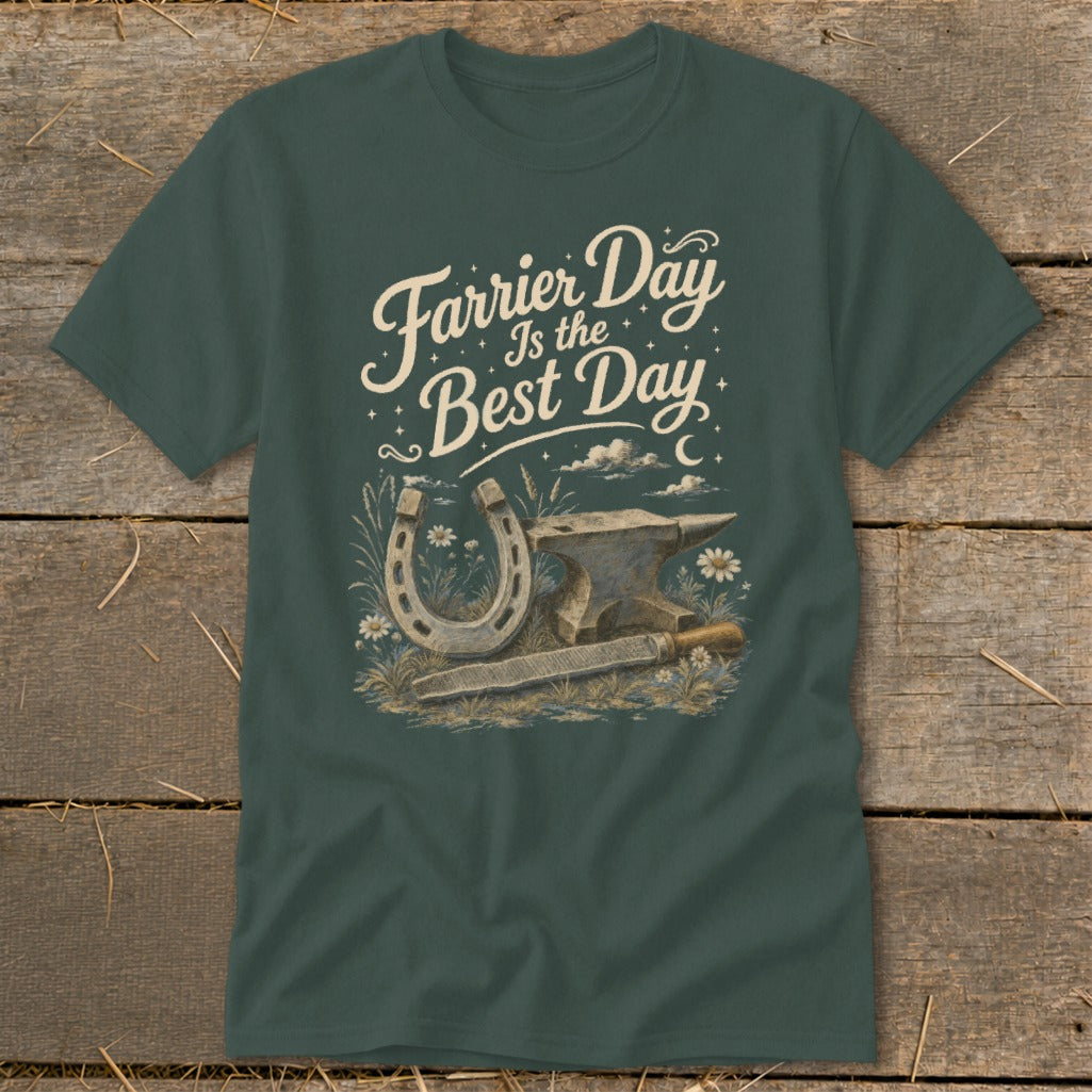 Green t-shirt with "Farrier Day Is the Best Day" text and horseshoe, anvil, and file graphic.
