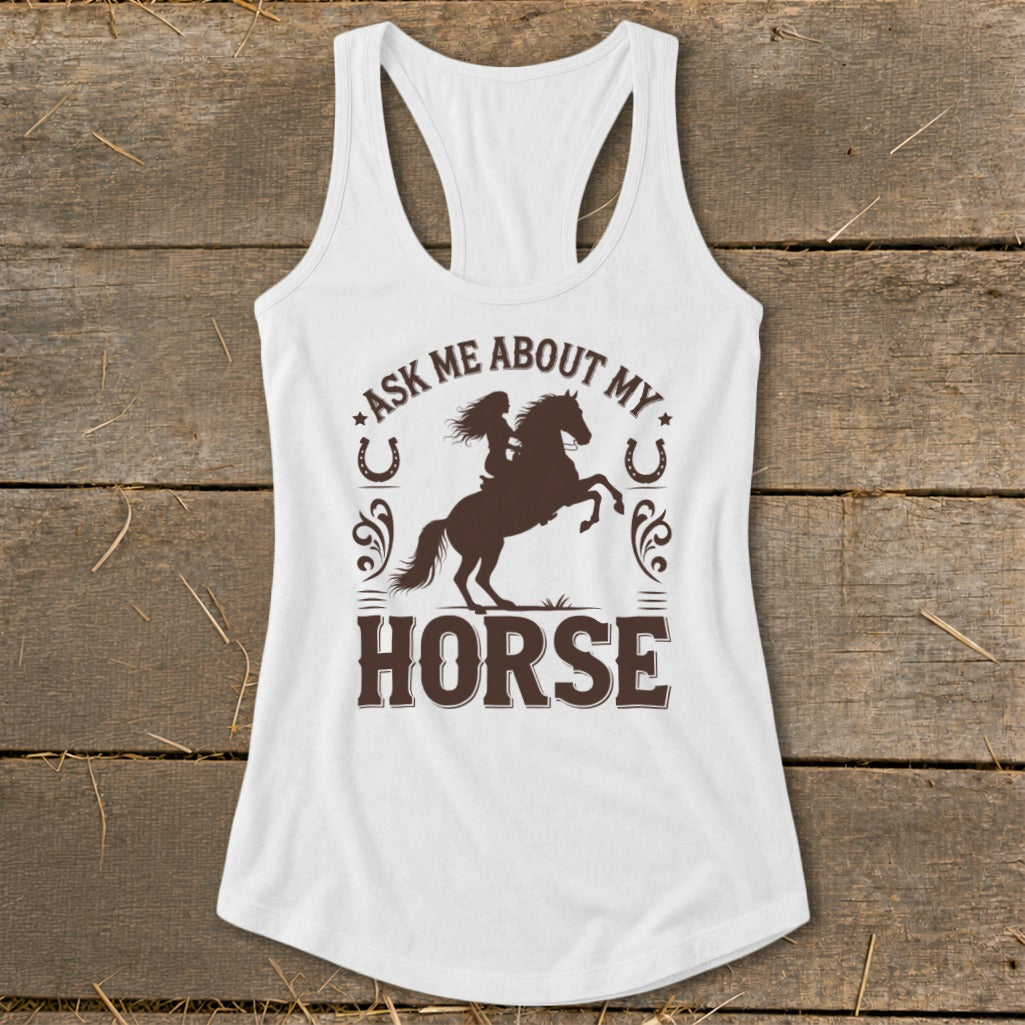 White tank top with a brown graphic of a rider on a rearing horse.