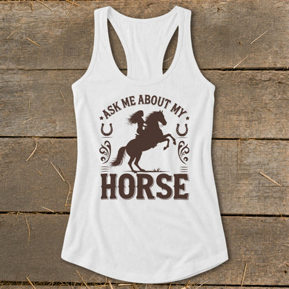 White tank top with a brown graphic of a rider on a rearing horse.