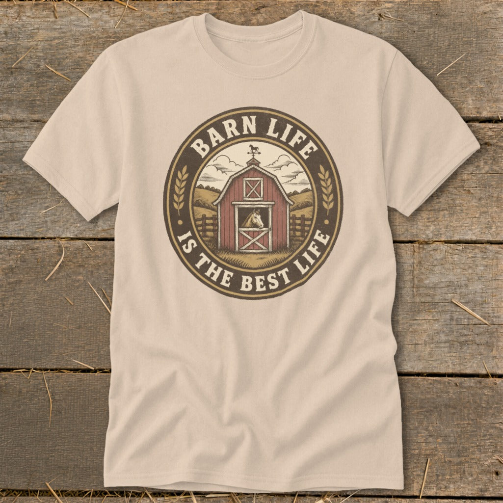 T-shirt with circular barn graphic and text "Barn Life Is The Best Life".