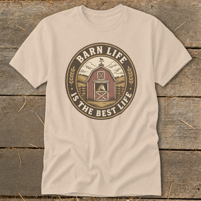 T-shirt with circular barn graphic and text "Barn Life Is The Best Life".