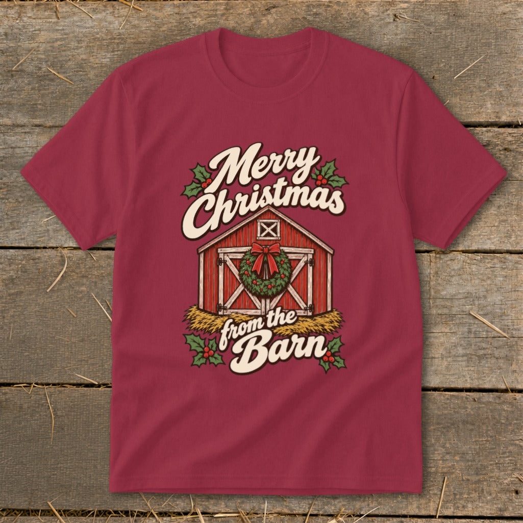 Maroon t-shirt with "Merry Christmas from the Barn" text and barn graphic.
