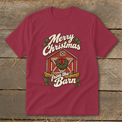 Maroon t-shirt with "Merry Christmas from the Barn" text and barn graphic.